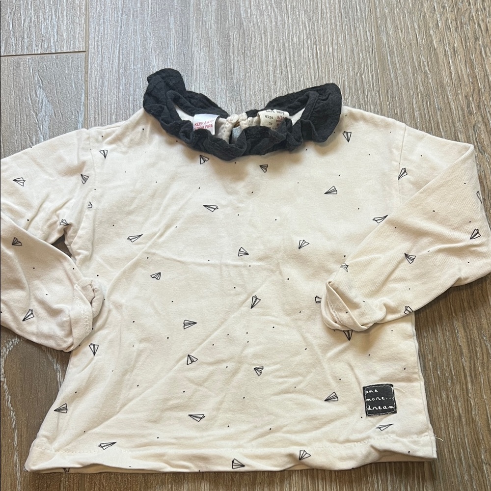 Zara Kids Cream Long Sleeve Tee with Black Ruffle Collar
